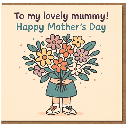 Mother's Day Card for Mummy - To My Lovely Mummy, Happy Mother's Day - Cute Child with Big Bouquet Illustration
