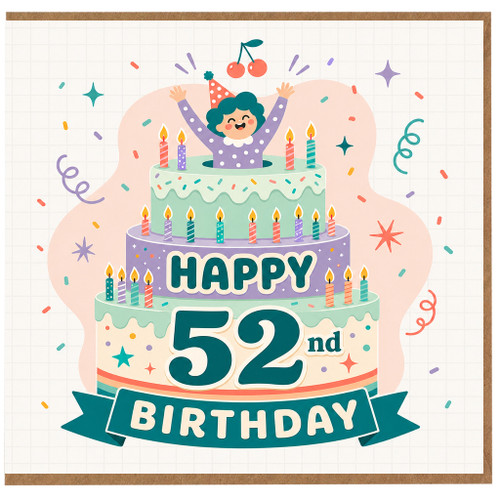 52nd Birthday Card, Happy Birthday Cake Design Card