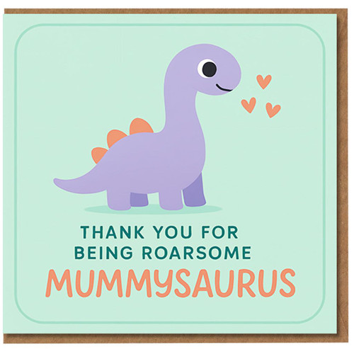 Thank You Card for Mum - Cute Mummysaurus Dinosaur Pun - Purple Dino with Hearts - 'Thank You for Being Roarsome Mummysaurus'