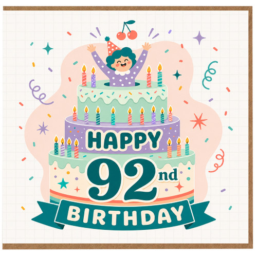 92nd Birthday Card, Happy Birthday Cake and Party Design