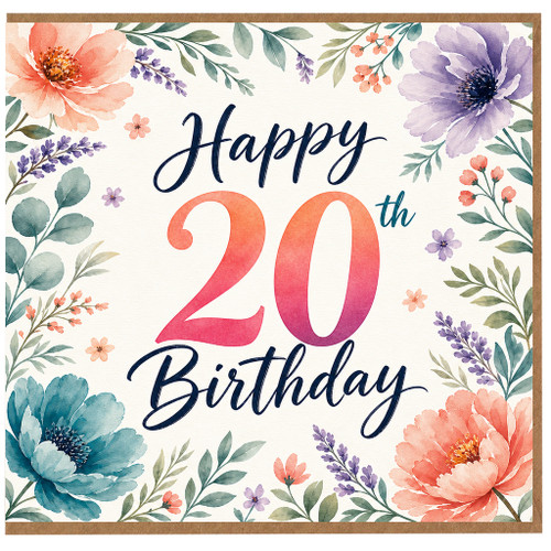 20th Birthday Card, Floral Happy 20th Birthday Card