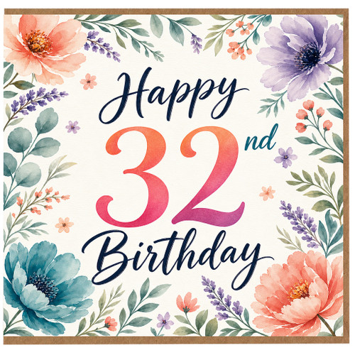 32nd Birthday Card, Floral Happy 32nd Birthday Card