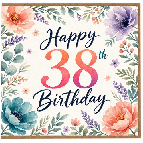 38th Birthday Card, Floral Watercolour Happy 38th Birthday Card