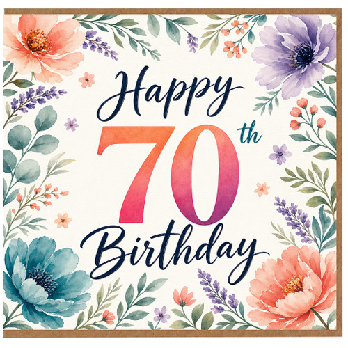 70th Birthday Card, Floral Watercolour Happy 70th Birthday Card