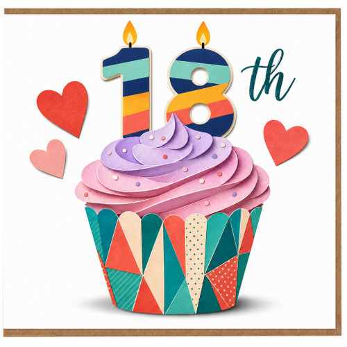 18th Birthday Card, Colourful Cupcake and Hearts Design