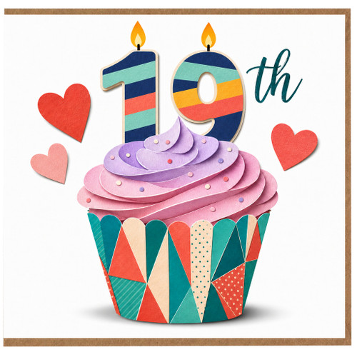 19th Birthday Card, Colourful Cupcake and Hearts Design