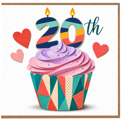 20th Birthday Card, Colourful Cupcake and Hearts Design
