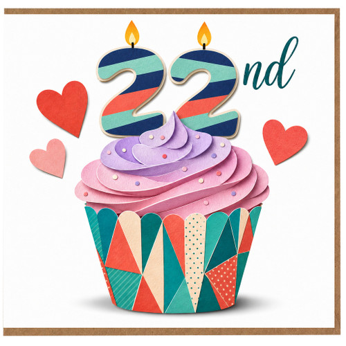 22nd Birthday Card, Cupcake and Hearts Design