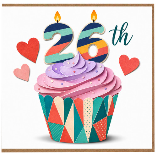 26th Birthday Card, Colourful Cupcake and Hearts Design