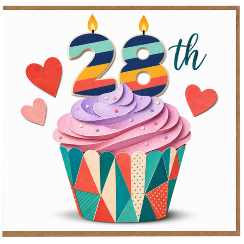 28th Birthday Card, Cupcake and Hearts Design
