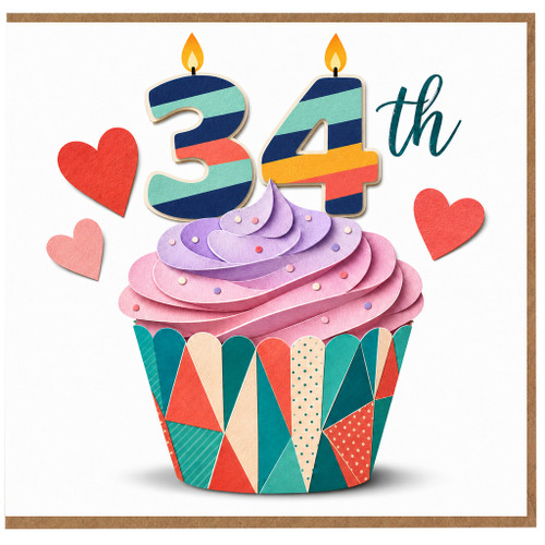 34th Birthday Card, Colourful Cupcake and Hearts Design