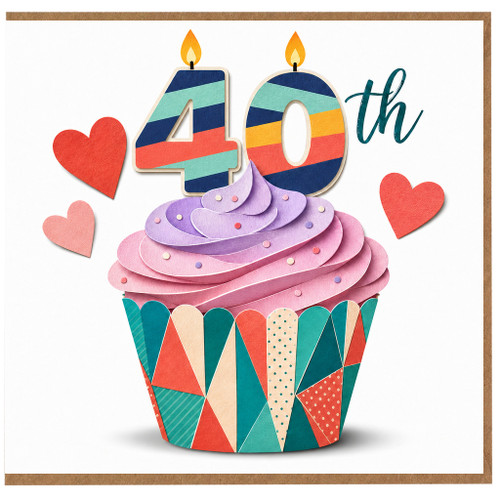 40th Birthday Card, Colourful Cupcake and Hearts Design