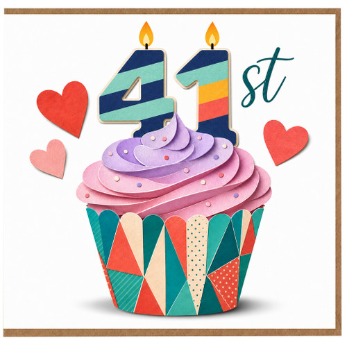 41st Birthday Card, Colourful Cupcake and Hearts Design