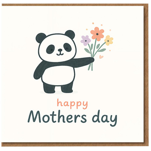 Mother's Day Card for Mum - Cute Panda Holding Flowers with Heart, 'happy Mothers day' Message, Sweet Animal Illustration