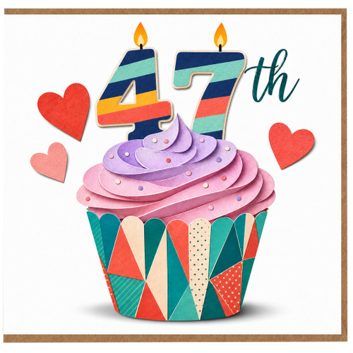 47th Birthday Card, Colourful Cupcake Hearts Design