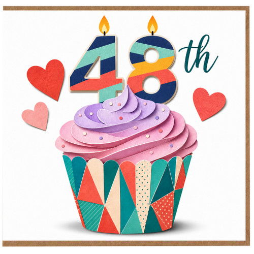 48th Birthday Card, Colourful Cupcake and Hearts Design
