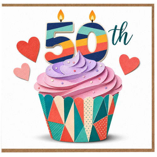50th Birthday Card, Colourful Cupcake and Hearts Design