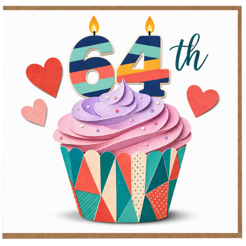64th Birthday Card, Colourful Cupcake and Hearts Design