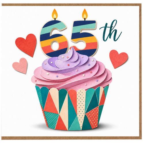 65th Birthday Card, Colourful Cupcake and Hearts Design