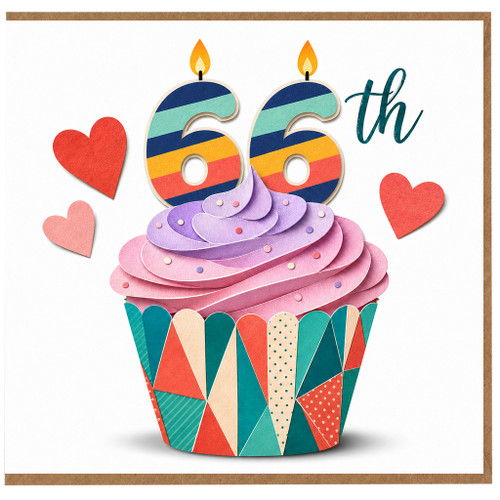 66th Birthday Card, Colourful Cupcake and Hearts Design