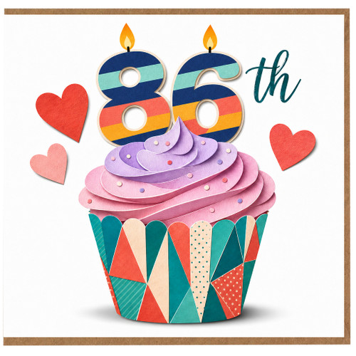 86th Birthday Card, Colourful Cupcake and Hearts Design