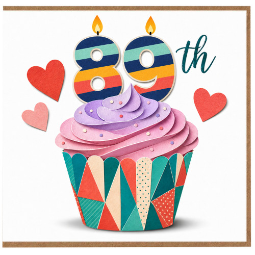 89th Birthday Card, Colourful Cupcake and Hearts Design