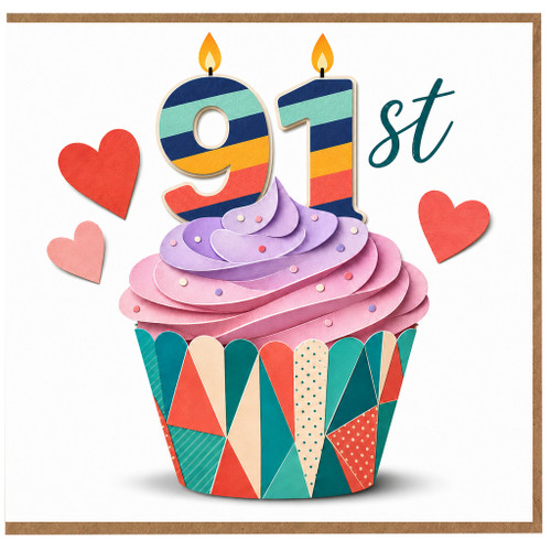 91st Birthday Card, Colourful Cupcake and Hearts Design