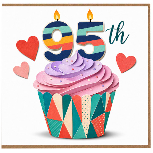 95th Birthday Card, Colourful Cupcake and Hearts Design