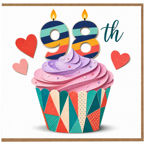 98th Birthday Card, Colourful Cupcake and Hearts Design