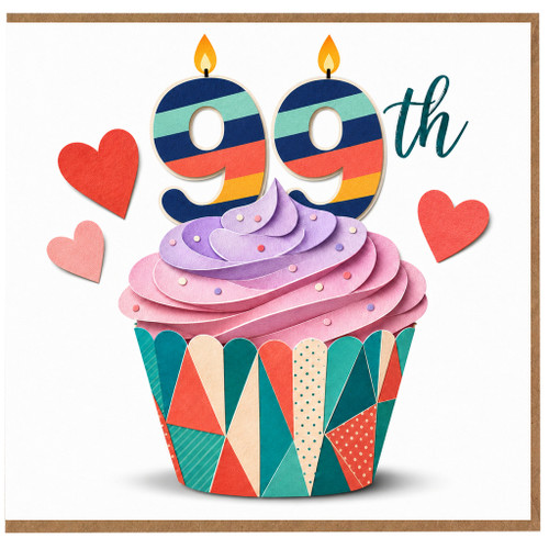 99th Birthday Card, Colourful Cupcake and Heart Design
