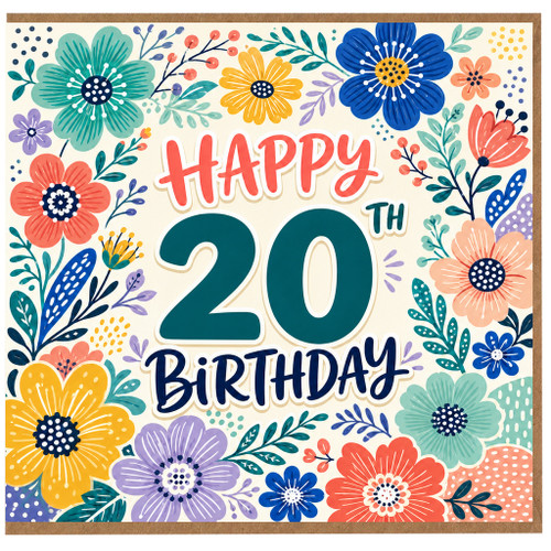 20th Birthday Card, Floral Happy 20 Birthday Card
