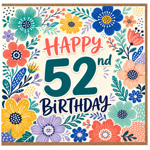 52nd Birthday Card, Floral Happy Birthday Card for 52 Year Old