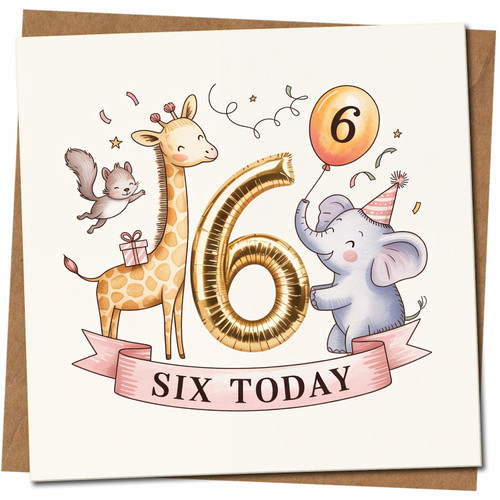 6th Birthday Card for Kids - Cute Giraffe, Elephant and Squirrel, Number 6 Balloon - Six Today - 145mm x 145mm Square Children's Birthday Card, Includes Kraft Envelope