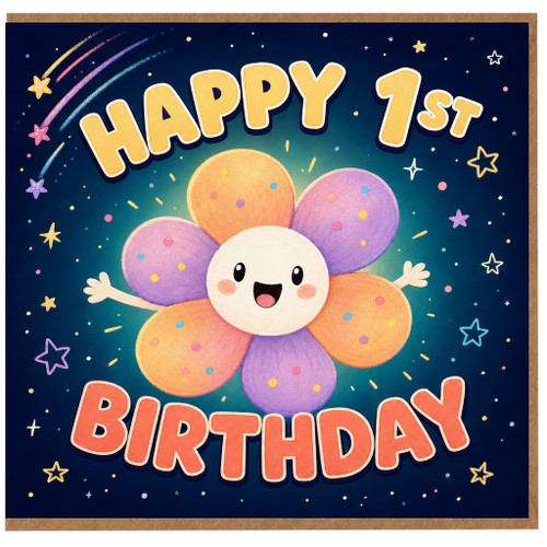 1st Birthday Card, Cute Flower Character Birthday Card