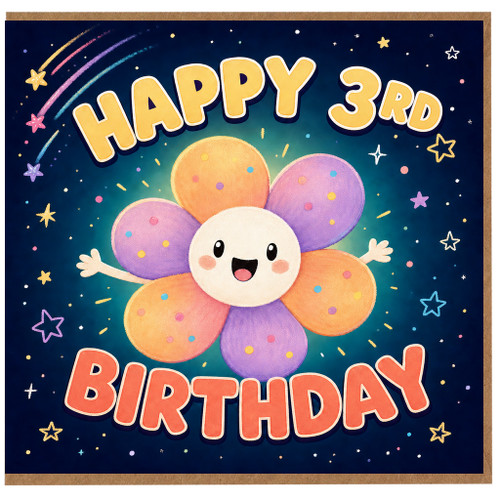 3rd Birthday Card, Happy 3rd Birthday Cute Flower Character Card