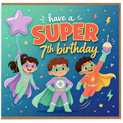 7th Birthday Card, Superhero Kids Birthday Card