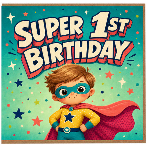 1st Birthday Card, Superhero Boy Birthday Card