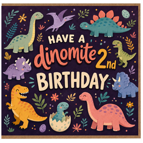 2nd Birthday Card, Dinosaur Birthday Card, Cute Dinosaur Birthday Card