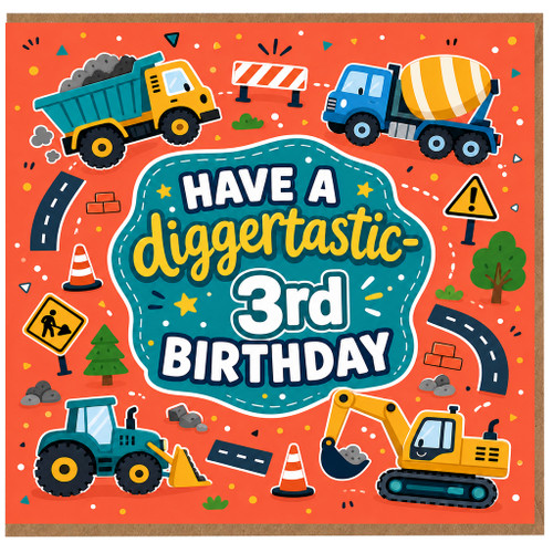 3rd Birthday Card, Construction Vehicles Digertastic Birthday Card