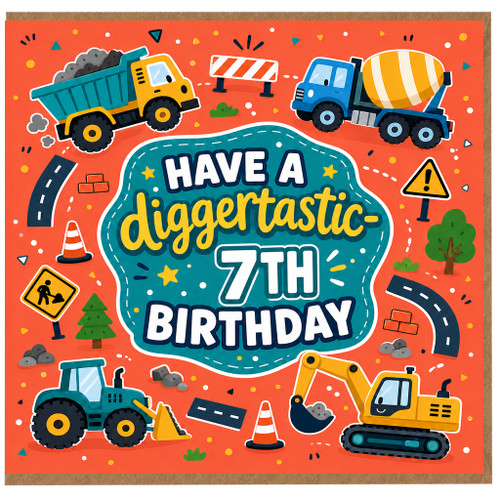 7th Birthday Card, Construction Trucks Digertastic Birthday Card