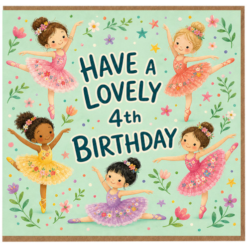 4th Birthday Card, Cute Ballet Dancers Birthday Card