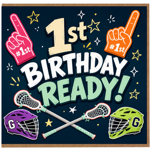 1st Birthday Card, Ready to Play Lacrosse Sports Birthday Card