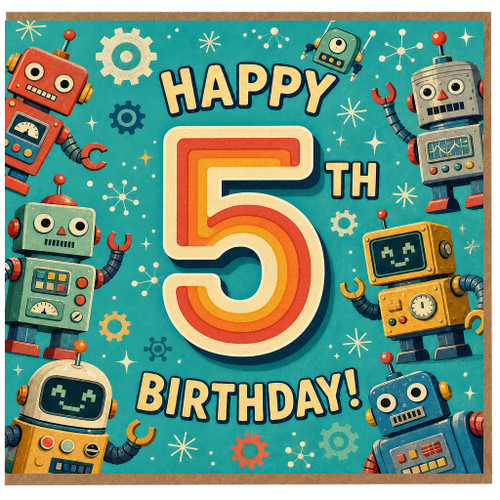 5th Birthday Card, Retro Robot Birthday Card