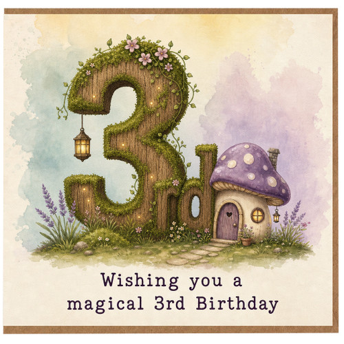 3rd Birthday Card, Magical Fairy House and Mushroom Cottage Design