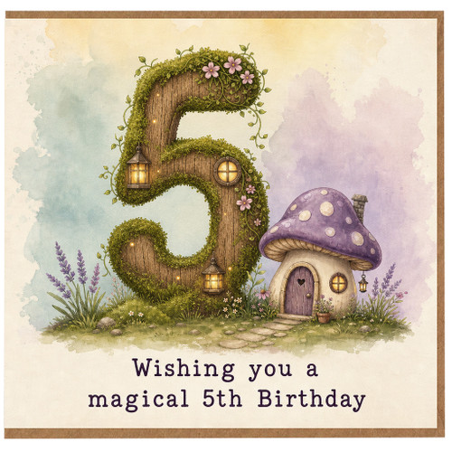 5th Birthday Card, Magical Fairy Tale Mushroom House Card
