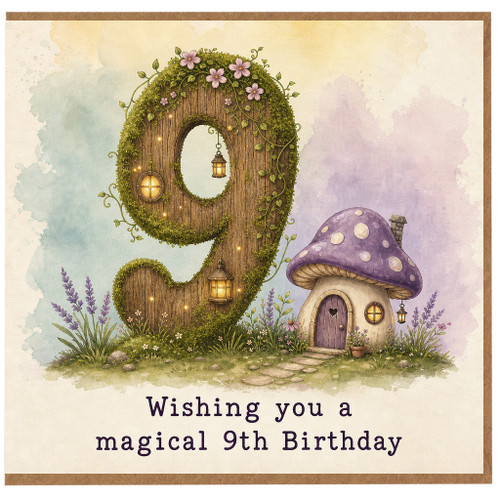9th Birthday Card, Magical Fairy Tale Mushroom House Card