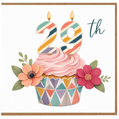29th Birthday Card, Colourful Cake and Flowers Design