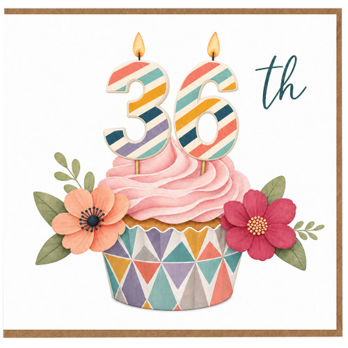 36th Birthday Card, Cupcake and Flowers Design