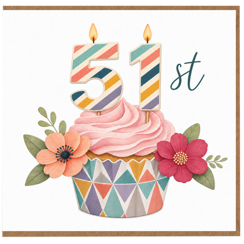 51st Birthday Card, Colourful Cupcake Floral Design