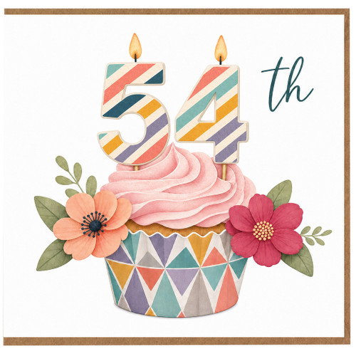 54th Birthday Card, Colourful Cupcake and Floral Design